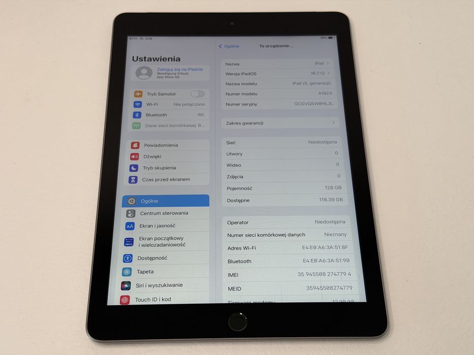iPad 5 (A1823) - 128GB - Cellular (LTE) - faktura VAT 23%