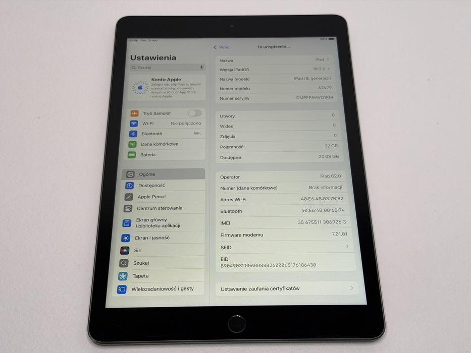 iPad 8. gen. (A2429) - 32GB - Cellular (LTE) - Space Gray - faktura VAT 23%