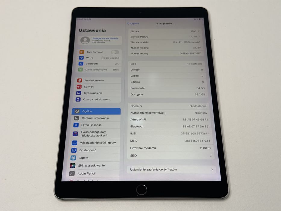 iPad Pro 10.5 (A1709) - 64GB - Cellular (LTE) - faktura VAT 23%