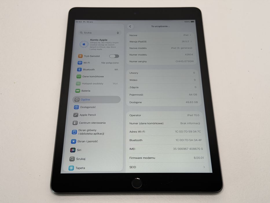 iPad 9. gen. (A2604) - 64GB - Cellular (LTE) - Space Gray - faktura VAT 23%