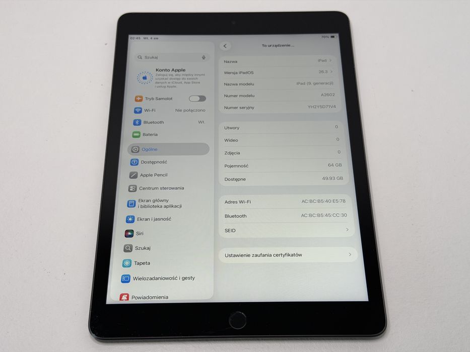 iPad 9. gen. (A2602) - 64GB - Space Gray - faktura VAT 23%