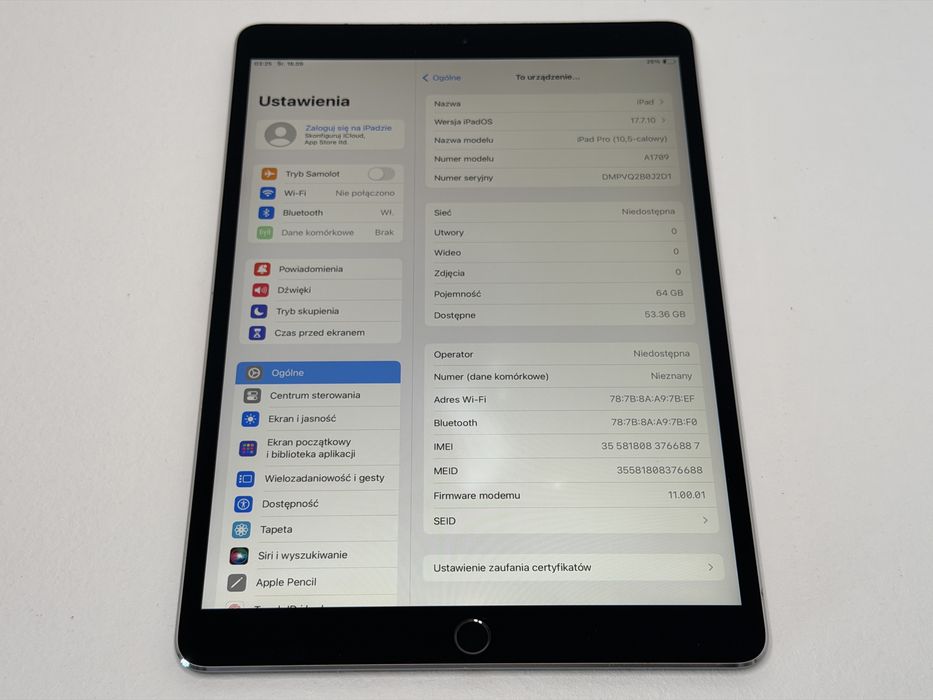 iPad Pro 10.5 (A1709) - 64GB - Cellular (LTE) - Space Gray - faktura VAT 23%