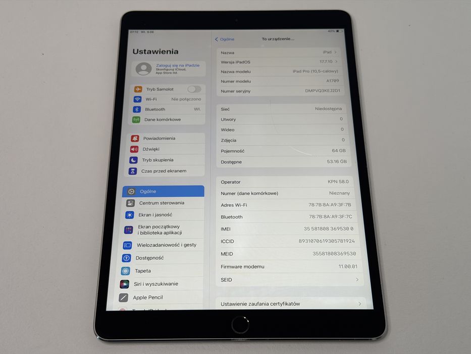iPad Pro 10.5 (A1709) - 64GB - Cellular (LTE) - pęknięty - faktura VAT 23%
