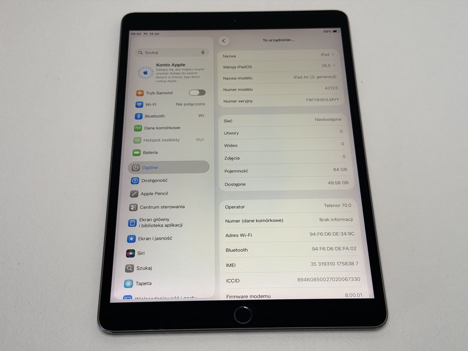 iPad Air 3 (A2123) - Cellular (LTE) - 64GB - Space Gray - faktura VAT 23%