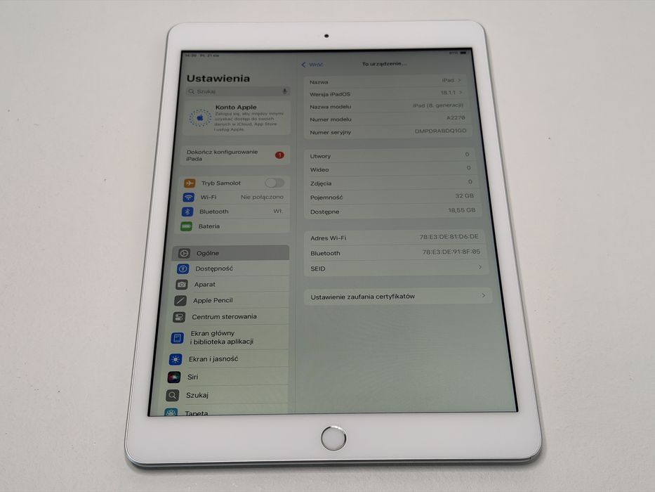 iPad 8. gen. (A2270) - 32GB - Silver - faktura VAT 23%