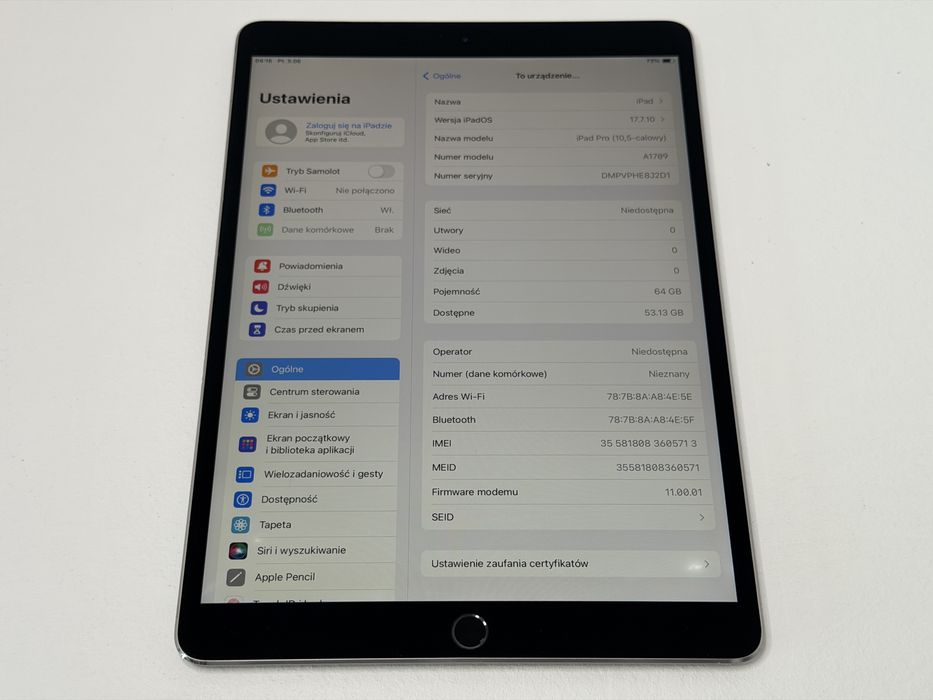 iPad Pro 10.5 (A1709) - 64GB - Cellular (LTE) - faktura VAT 23%