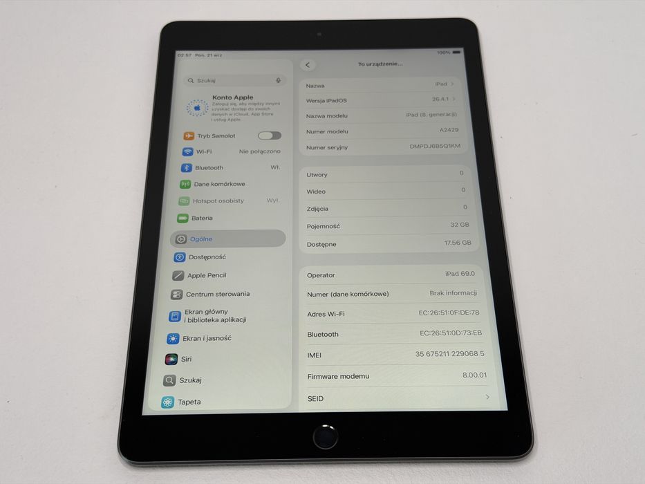 iPad 8. gen. (A2429) - 32GB - Cellular (LTE) - Space Gray - faktura VAT 23%