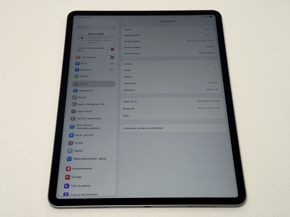 iPad Air 6 13 (A2898) - 256GB - Apple M2 - wada - faktura VAT 23%