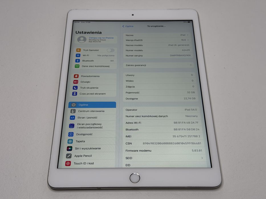 iPad 8. gen. (A2429) - 32GB - Cellular (LTE) - Silver - faktura VAT 23%