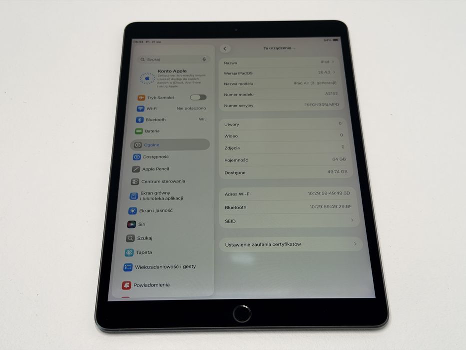 iPad Air 3 (A2152) - 64GB - Space Gray - faktura VAT 23%
