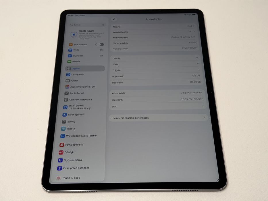 iPad Air 6 13 (A2898) - 128GB - Apple M2 - wada - faktura VAT 23%
