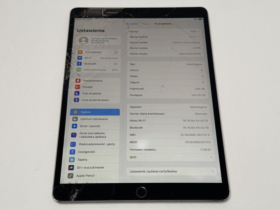 iPad Pro 10.5 (A1709) - 256GB - Cellular (LTE) - Space Gray - zbity - faktura VAT 23%