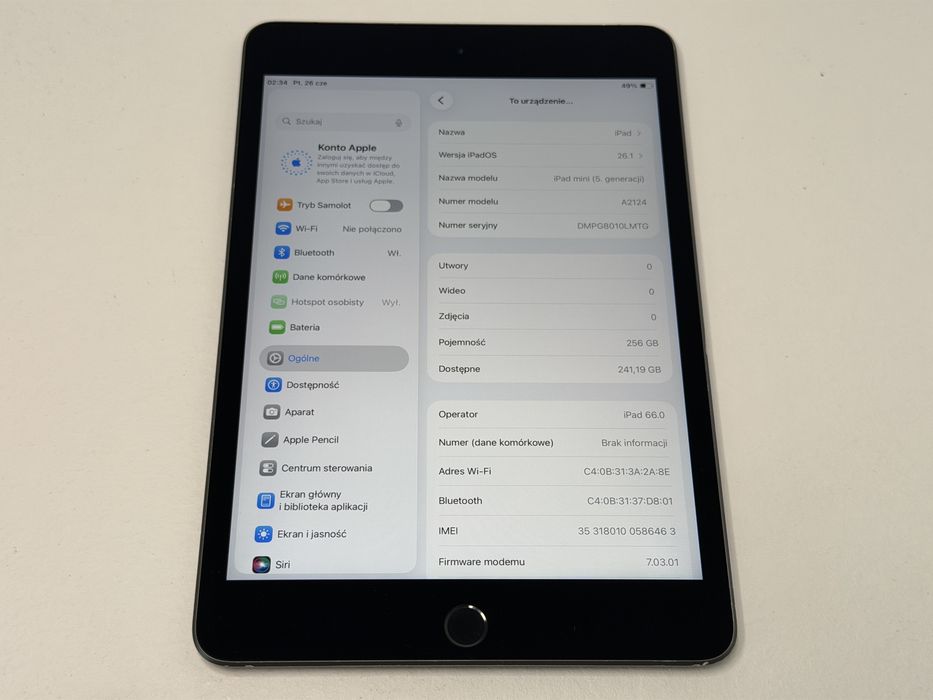 iPad mini 5 (A2124) - 256GB - Cellular (LTE) - faktura VAT 23%