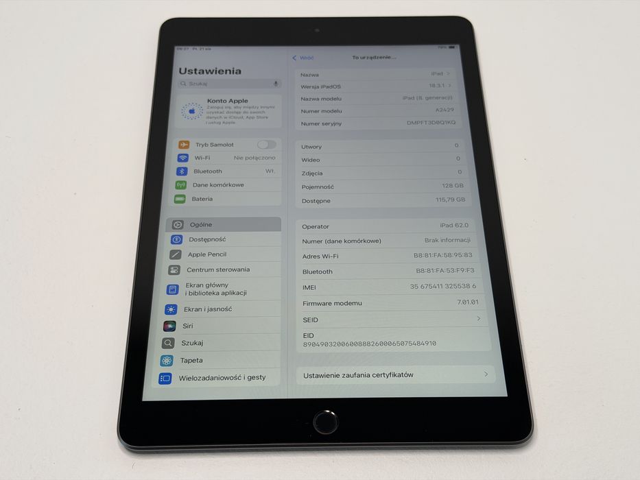 iPad 8. gen. (A2429) - 128GB - Cellular (LTE) - Space Gray - faktura VAT 23%