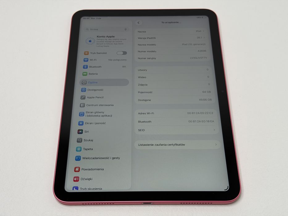 iPad 10. gen. (A2696) - 64GB - Pink - faktura VAT 23%
