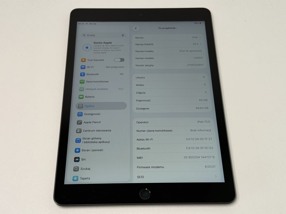 iPad 9. gen. (A2603) - 64GB - Cellular (LTE) - faktura VAT 23%