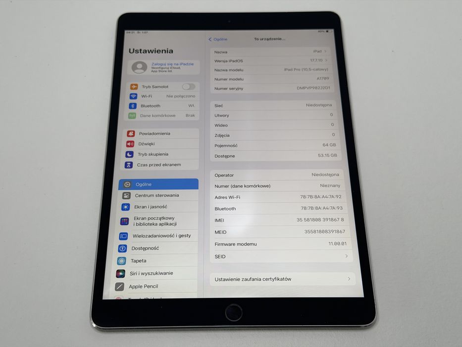 iPad Pro 10.5 (A1709) - 64GB - Cellular (LTE) - faktura VAT 23%