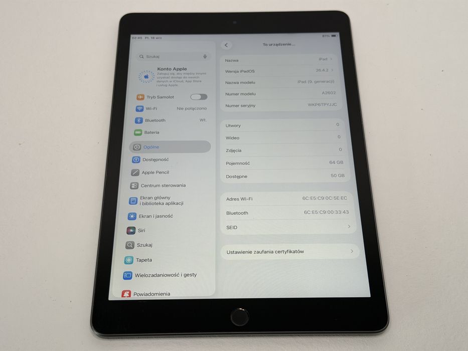 iPad 9. gen. (A2602) - 64GB - Space Gray - faktura VAT 23%
