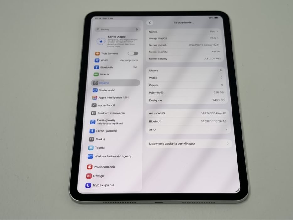 iPad Pro 11 5. gen. (A2836) - Apple M4 - 256GB - Silver - faktura VAT 23%