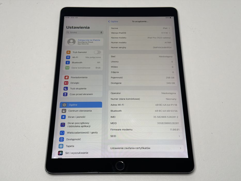 iPad Pro 10.5 (A1709) - 256GB - Cellular (LTE) - faktura VAT 23%