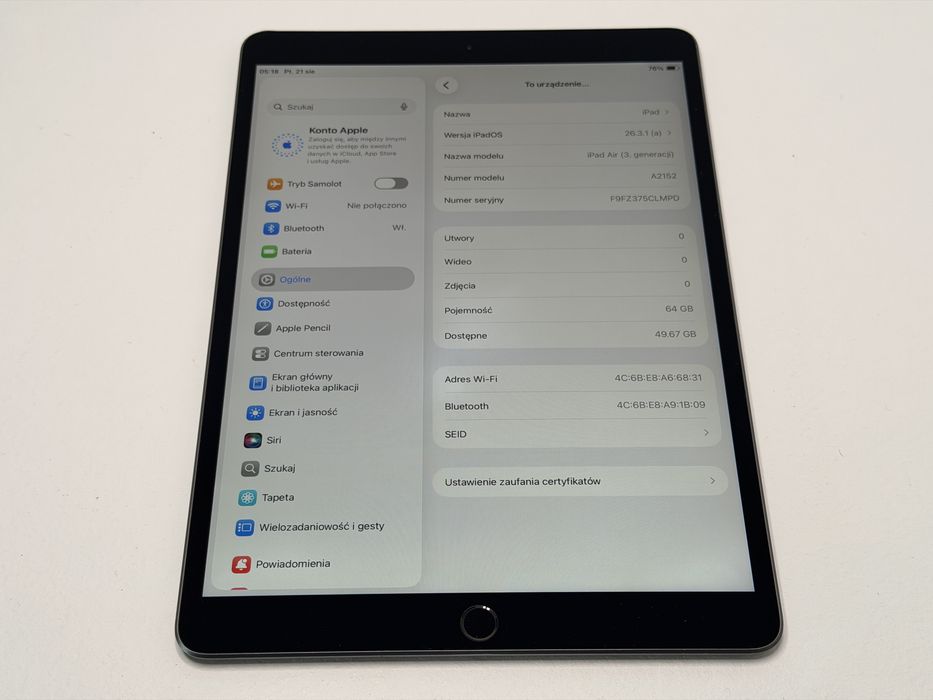 iPad Air 3 (A2152) - 64GB - Space Gray - faktura VAT 23%