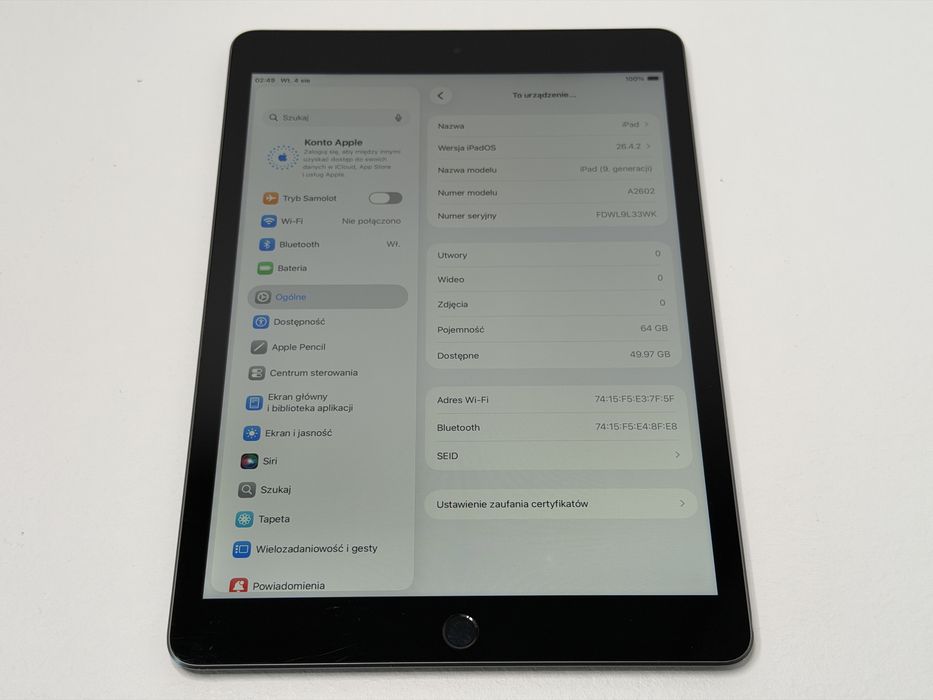 iPad 9. gen. (A2602) - 64GB - Space Gray - faktura VAT 23%