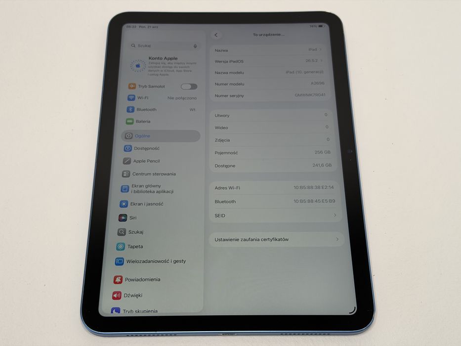 iPad 10. gen. (A2696) - 256GB - Blue - faktura VAT 23%