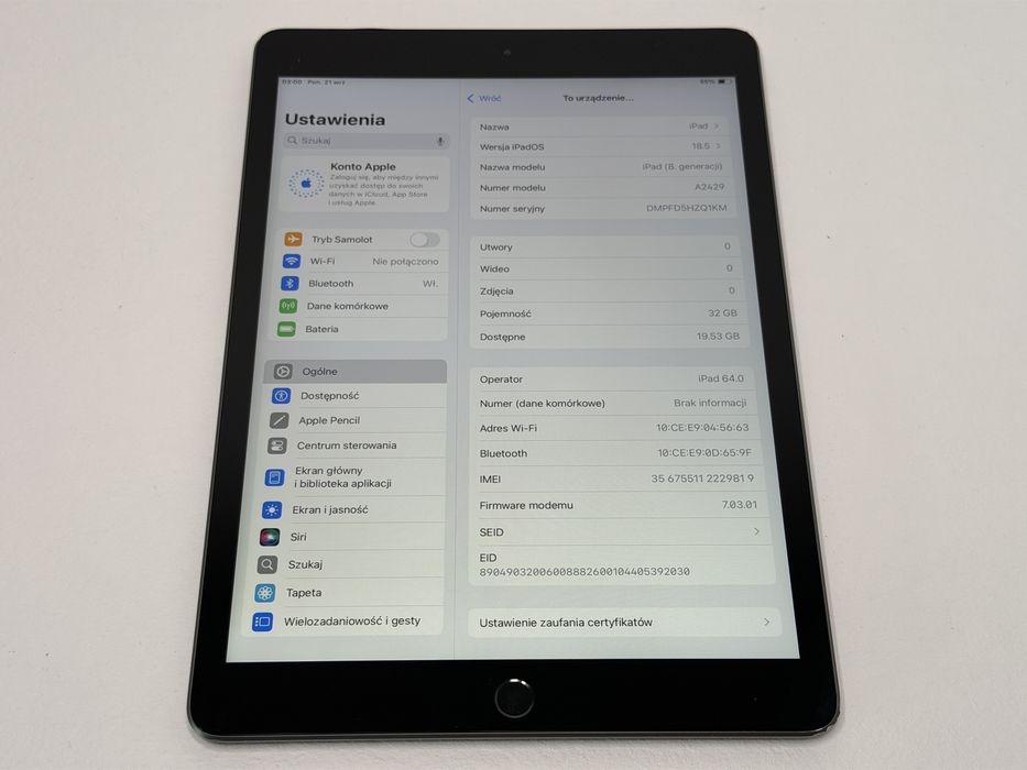 iPad 8. gen. (A2429) - 32GB - Cellular (LTE) - Space Gray - faktura VAT 23%
