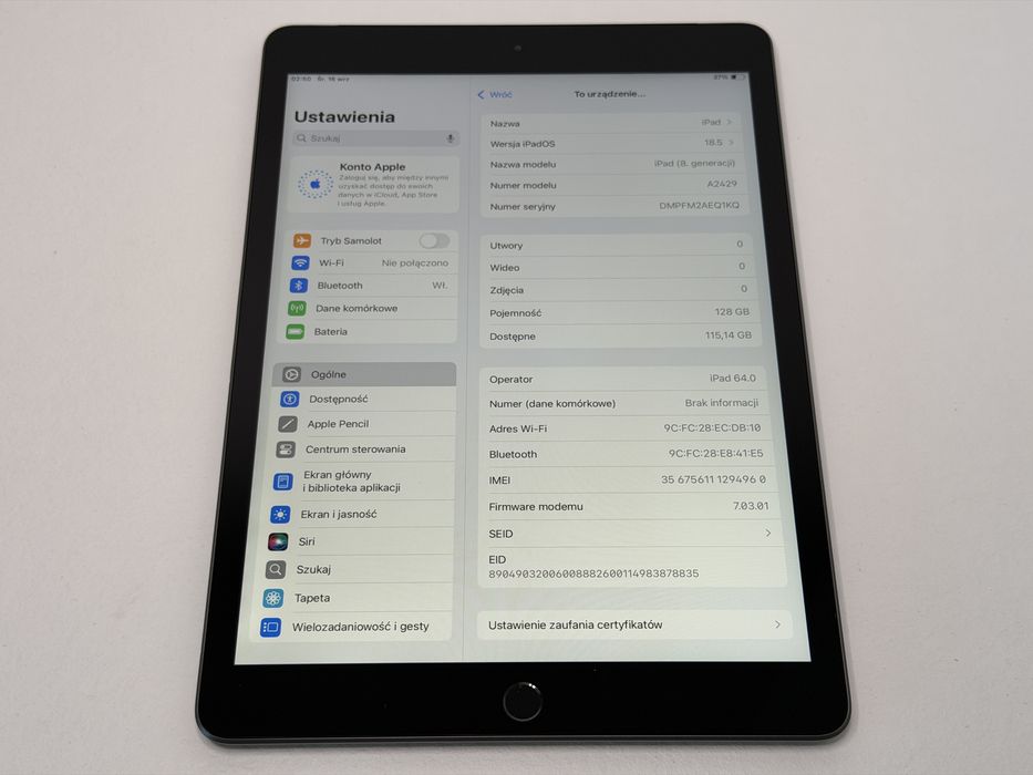 iPad 8. gen. (A2429) - 128GB - Cellular (LTE) - Space Gray - faktura VAT 23%