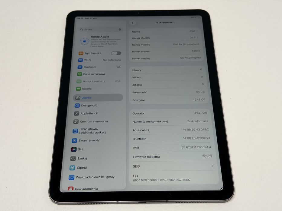iPad Air 4 (A2072) - 64GB - Cellular (LTE) - Space Gray - faktura VAT 23%