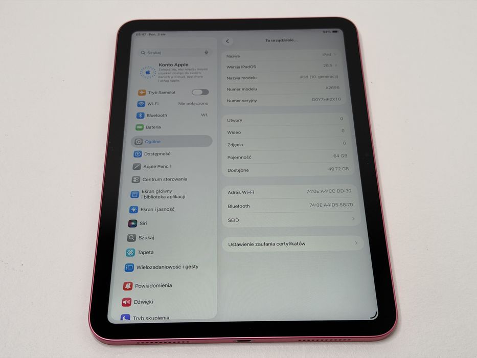 iPad 10. gen. (A2696) - 64GB - Pink - faktura VAT 23%