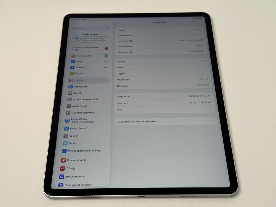 iPad Air 6 13 (A2898) - 128GB - Apple M2 - wada - faktura VAT 23%