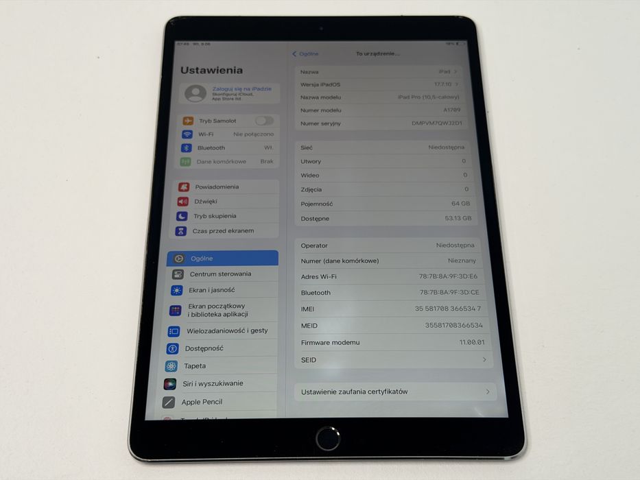 iPad Pro 10.5 (A1709) - 64GB - Cellular (LTE) - faktura VAT 23%