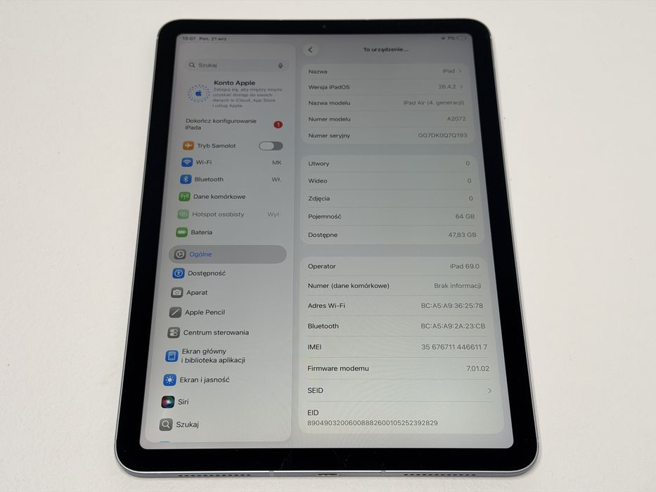 iPad Air 4 (A2072) - 64GB - Cellular (LTE) - Sky Blue - faktura VAT 23%