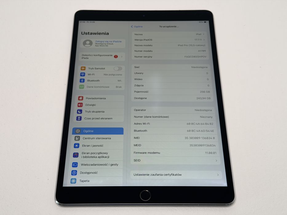 iPad Pro 10.5 (A1709) - 256GB - Cellular (LTE) - Space Gray - faktura VAT 23%