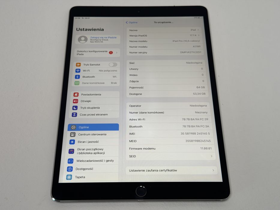 iPad Pro 10.5 (A1709) - 64GB - Cellular (LTE) - Space Gray - faktura VAT 23%