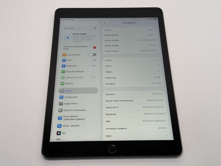 iPad 8. gen. (A2429) - 32GB - Cellular (LTE) - Space Gray - faktura VAT 23%