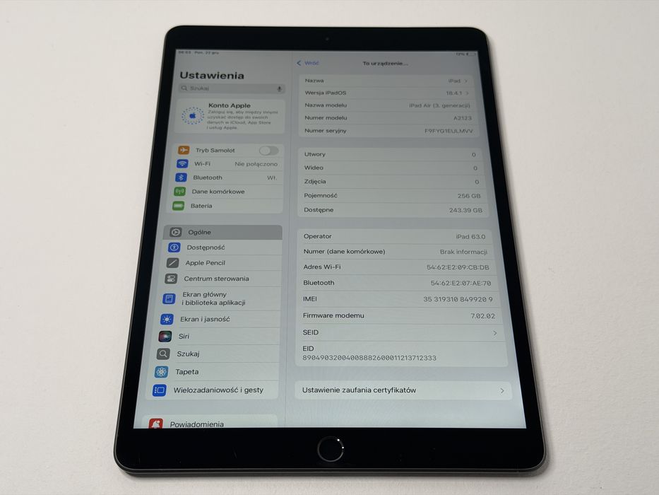 iPad Air 3 (A2123) - 256GB - Cellular (LTE) - faktura VAT 23%