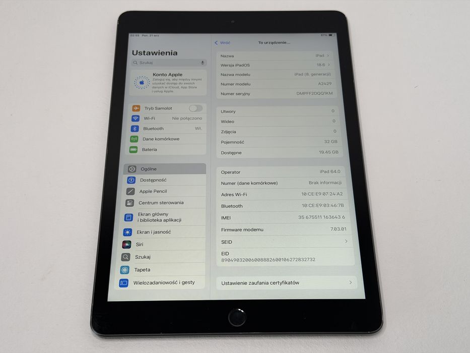 iPad 8. gen. (A2429) - 32GB - Cellular (LTE) - Space Gray - faktura VAT 23%