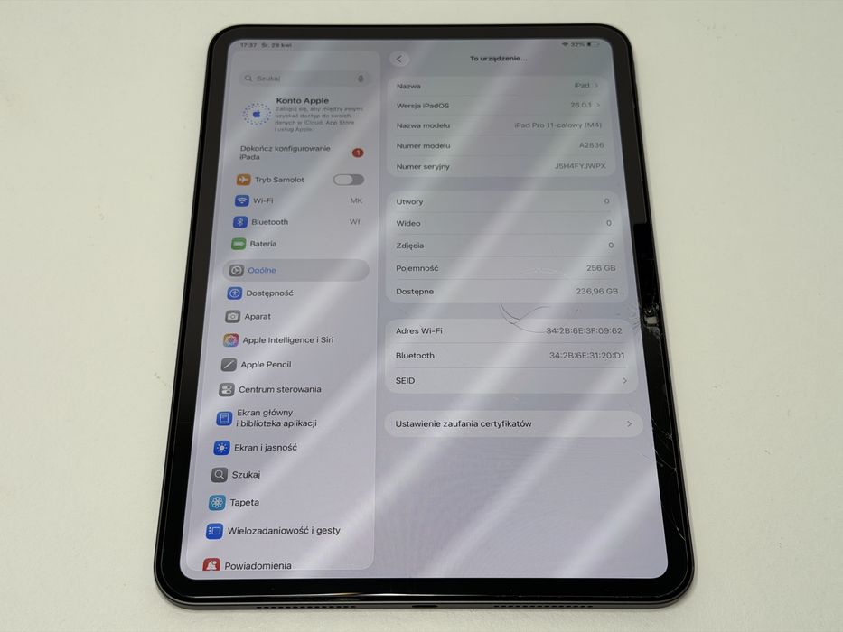 iPad Pro 11 5. gen. (A2836) - Apple M4 - zbity - faktura VAT 23%