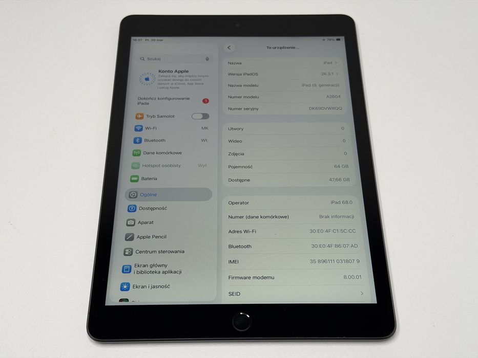 iPad 9. gen. (A2604) - 64GB - Cellular (LTE) - wada - faktura VAT 23%