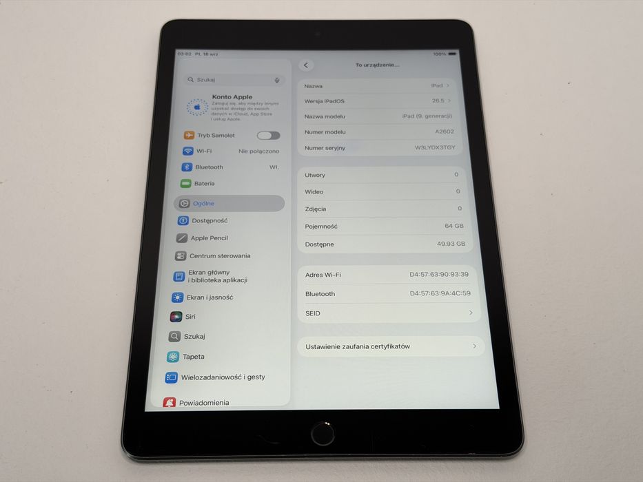 iPad 9. gen. (A2602) - 64GB - Space Gray - faktura VAT 23%