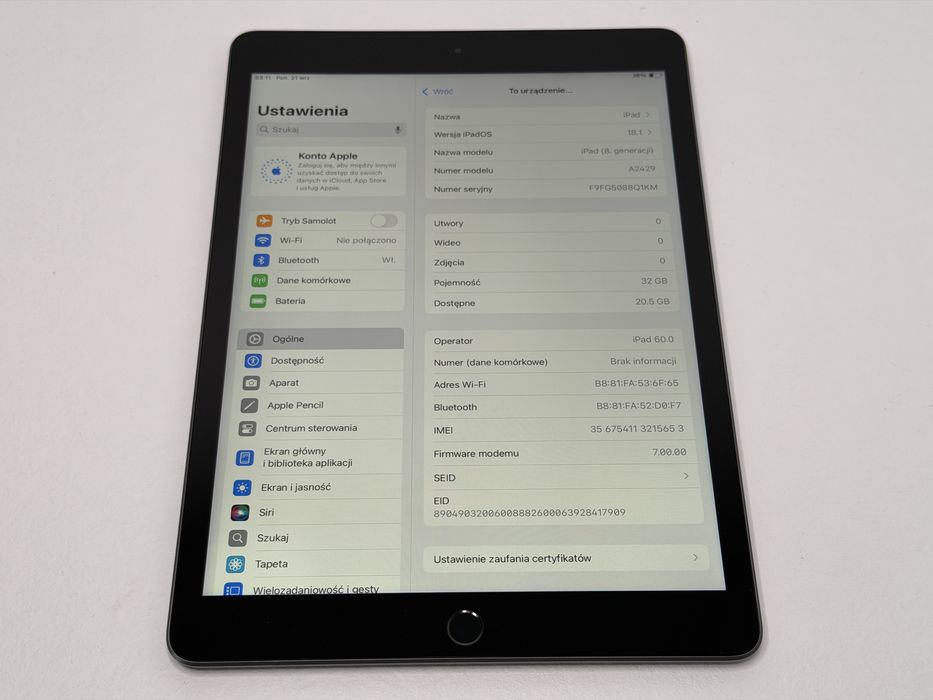 iPad 8. gen. (A2429) - 32GB - Cellular (LTE) - Space Gray - faktura VAT 23%
