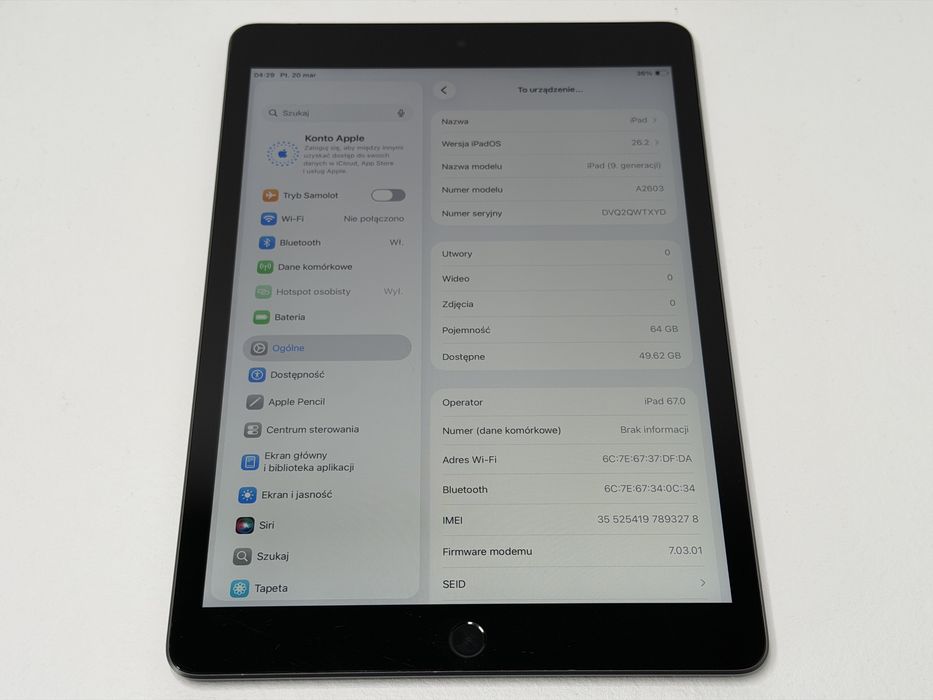 iPad 9. gen. (A2604) - 64GB - Cellular (LTE) - wada - faktura VAT 23%