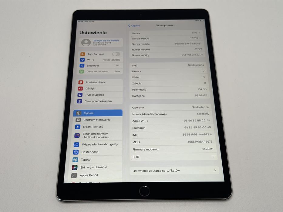 iPad Pro 10.5 (A1709) - 64GB - Cellular (LTE) - Space Gray - faktura VAT 23%