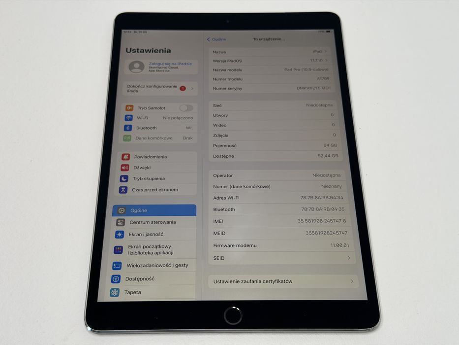iPad Pro 10.5 (A1709) - 64GB - Cellular (LTE) - Space Gray - faktura VAT 23%