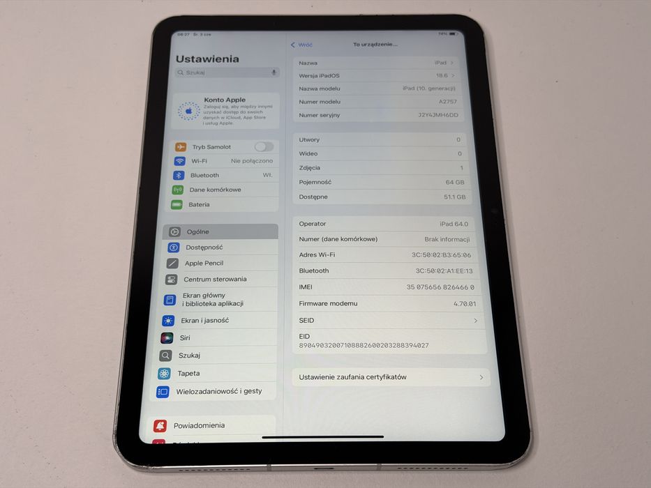 iPad 10. gen. (A2757) - 64GB - Cellular (LTE) - faktura VAT 23%