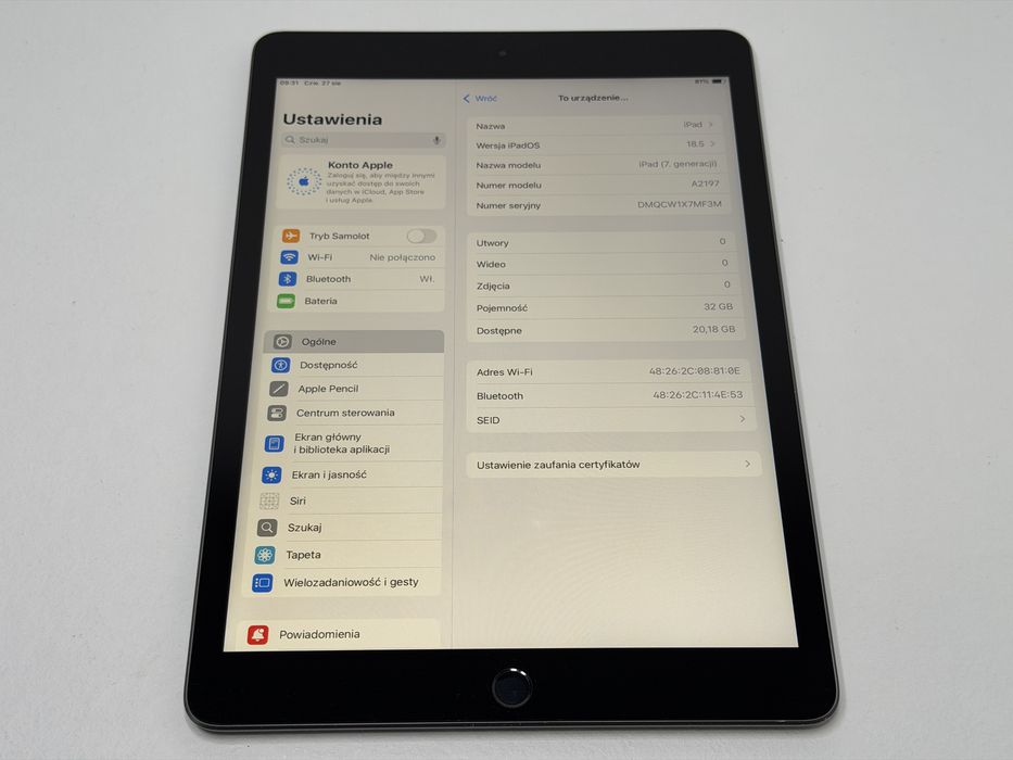 iPad 7. gen. (A2197) - 32GB - Space Gray - faktura VAT 23%