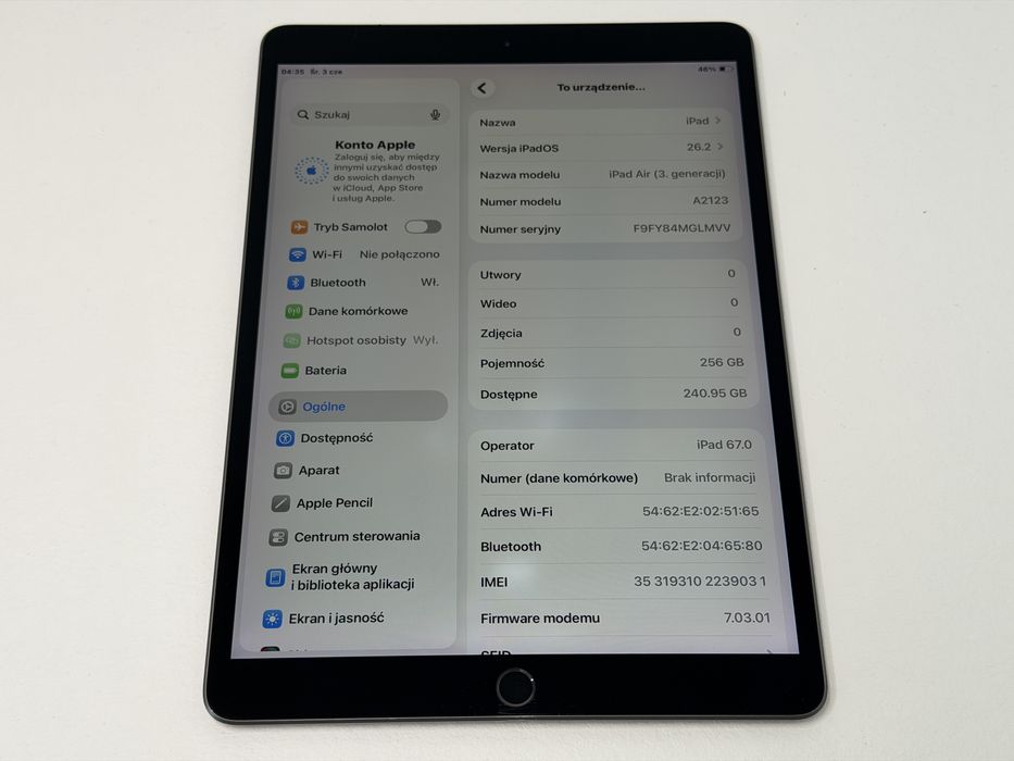 iPad Air 3 (A2123) - 256GB - Cellular (LTE) - faktura VAT 23%