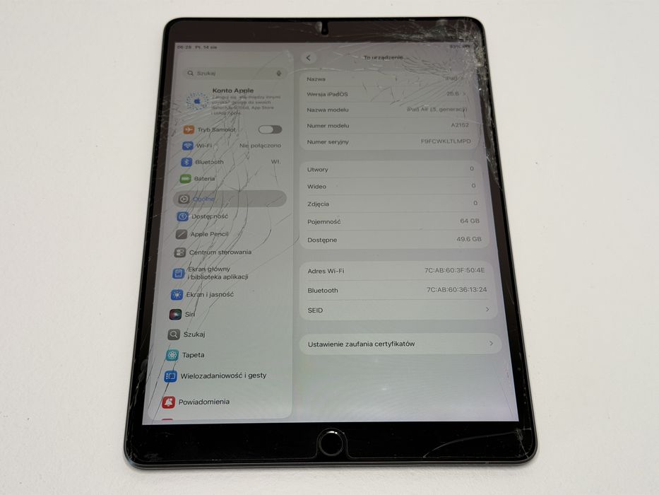 iPad Air 3 (A2152) - 64GB - Space Gray - zbity - faktura VAT 23%